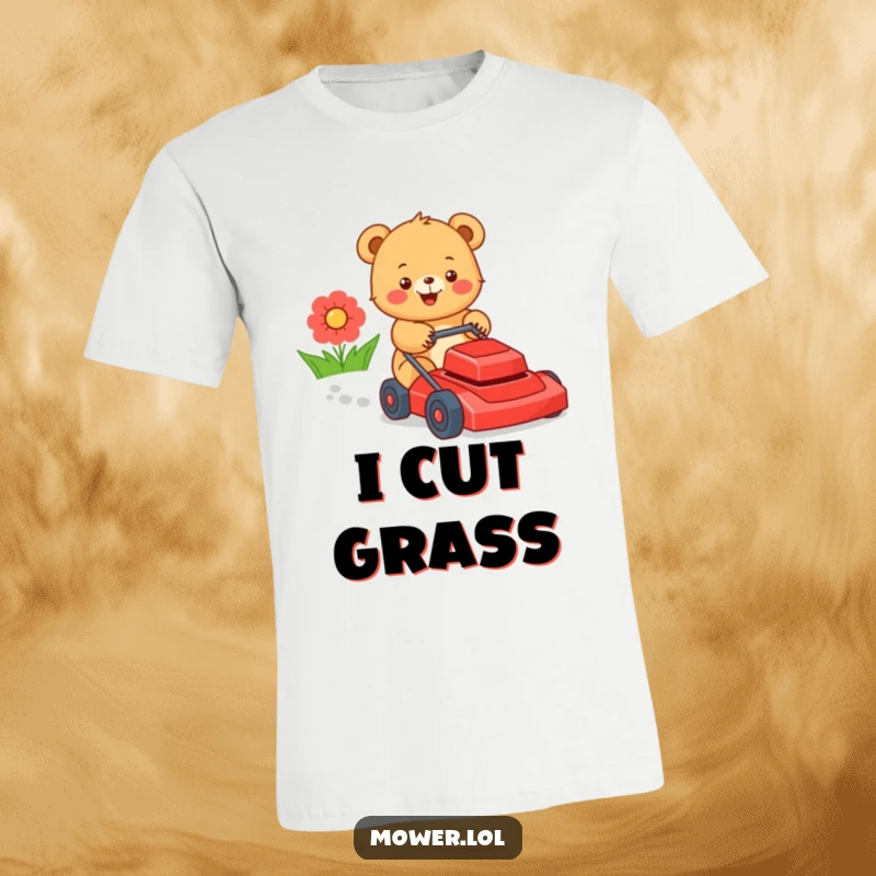 Funny bear cub energetically pushing a bright red lawn mower, captured in a moment of outdoor silliness and joy. Perfect for gifting.