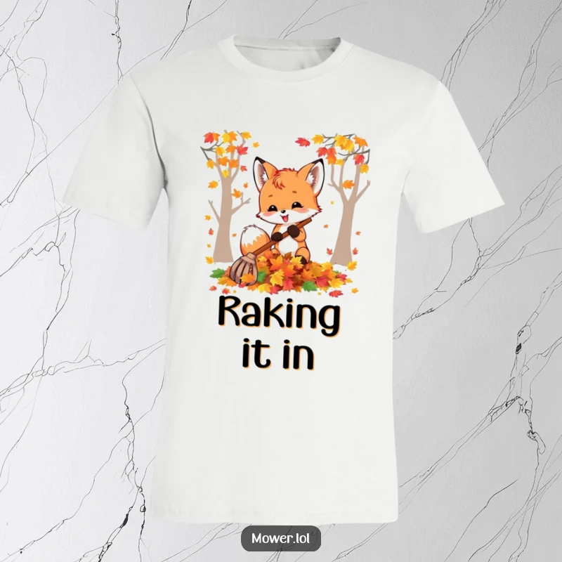 Funny fox cub delightedly raking a vibrant pile of colorful autumn leaves, capturing the joy of the season.