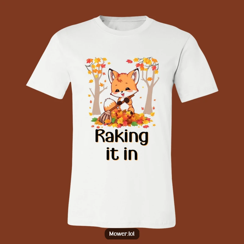Funny Fox Cub Raking Leaves T-Shirt: Hilarious Fall Tee for Autumn Fun Gift!
