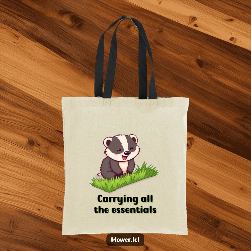 Funny Badger Tote Bag: A delighted badger beams while admiring his perfectly manicured lawn, ready for garden errands.