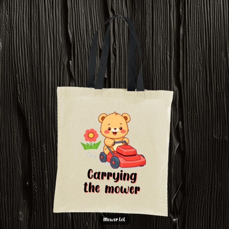 Funny bear cub pushing a lawn mower with a happy expression, showcasing a love for outdoor chores and a comical spirit. A great funny gift.