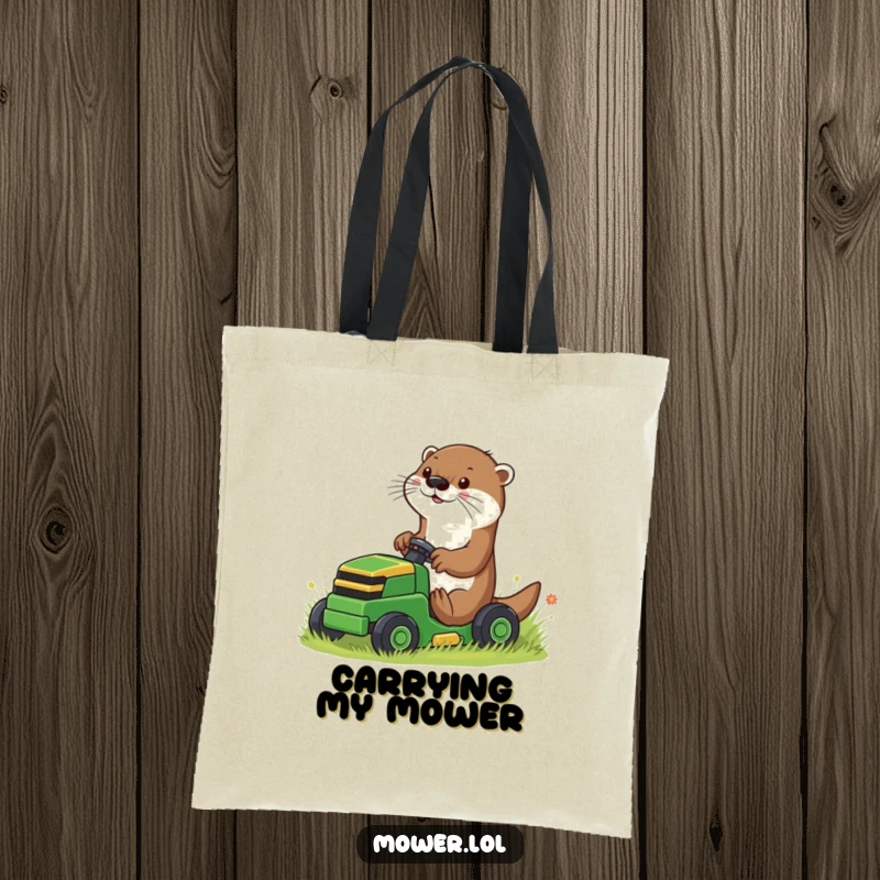 Funny playful otter using its paws to guide a small riding mower, printed on a durable tote bag, a humorous aquatic accessory.