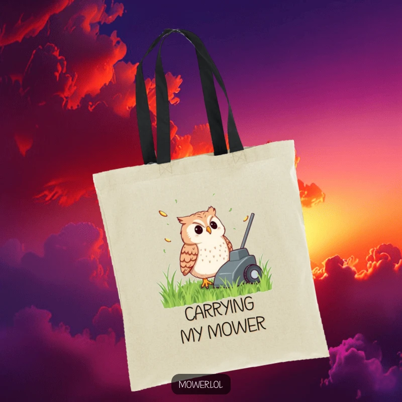 Funny owl contentedly watching grass clippings fly from a lawn mower, printed on a durable tote bag, a humorous gardening accessory.